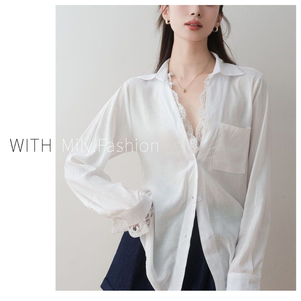 Milyfashion สไตล์เรียบง่าย High-End สีขาวปลอมสองชิ้นลูกไม้เย็บแขนยาวหลวมเสื้อด้านบนผู้หญิงฤดูใบไม้ร่วง