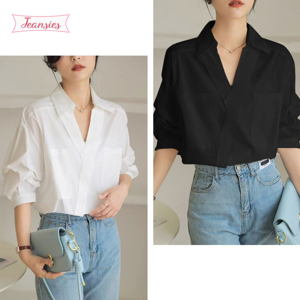 เสื้อเชิ้ตแขนสั้นดีไซน์หรูหรา สีขาว สไตล์มินิมอล
