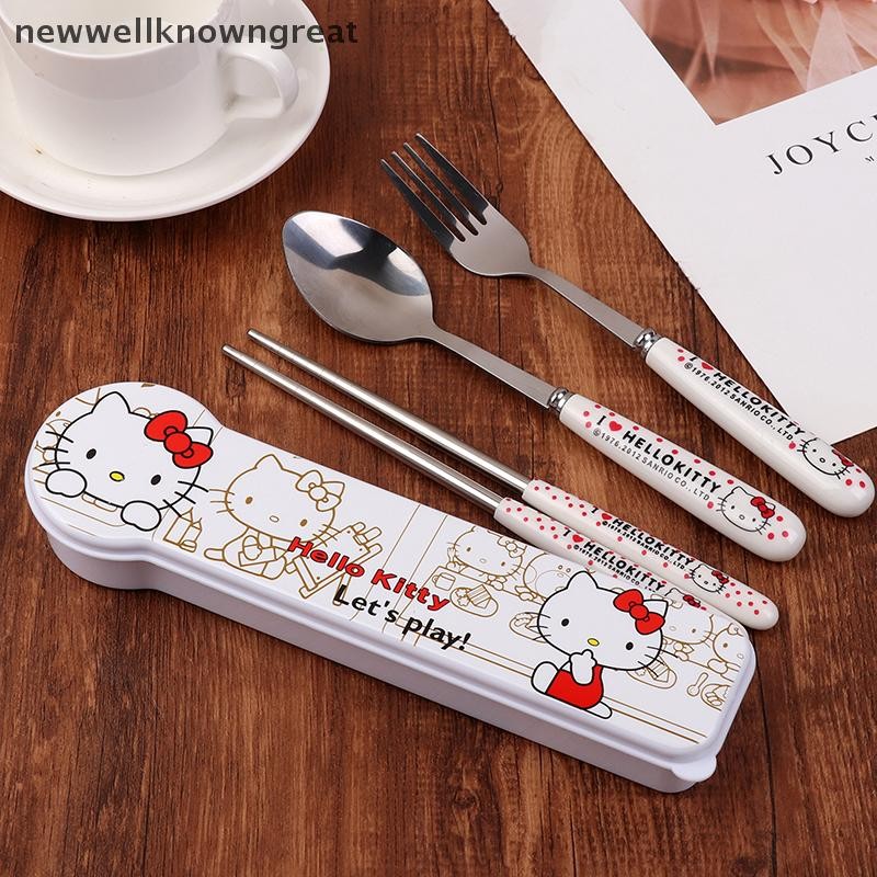Newwellknowngreat Kawaii Hello Kitty ตะเกียบช้อนส้อม Sanrio KT แมวชุดอาหารเย็นแบบพกพาสําหรับเด็กอะนิเมะ Flatware พร้อมกล่อง CAD