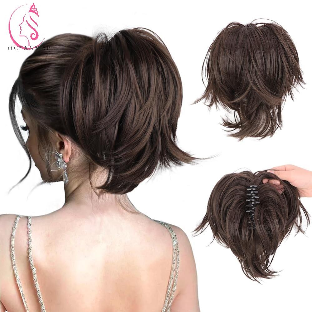 Oceanmap ยุ่งตรงหางม้า สังเคราะห์ Updo Claw คลิปมวยผม Scrunchie สูง Chignon สั้นผมปลอมสําหรับผู้หญิง