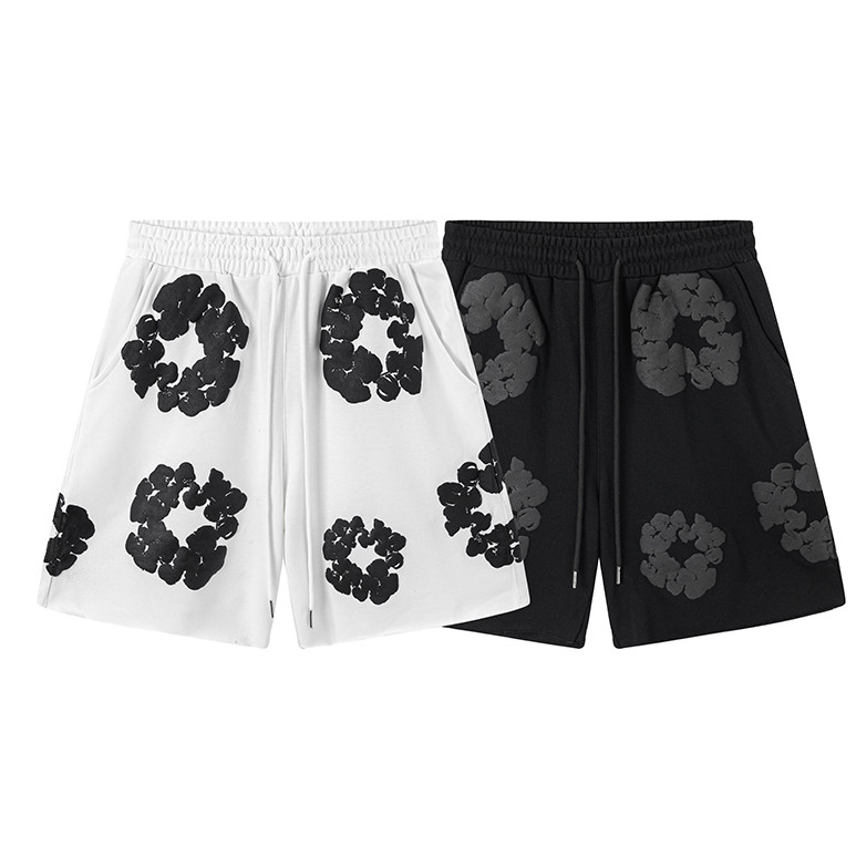 Denim Tears ผ้าฝ้าย 100% สีดําสีขาวพิมพ์ Kapok Foam Foam พิมพ์กางเกงขาสั้นลําลอง