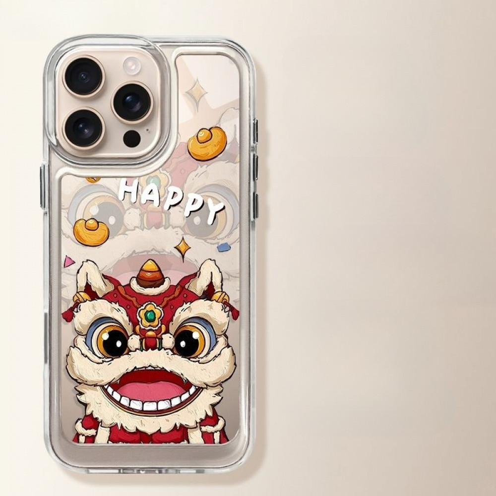 จีน Lion Dance เคสโทรศัพท์สําหรับ iPhone16/15/14/13/12/11/Pro Max โทรศัพท์ยี่ห้อ Samsung S25/24/23/22 ป้องกันการตกและกันกระแทกหลุมขนาดใหญ่เคสใสแบบแข็ง