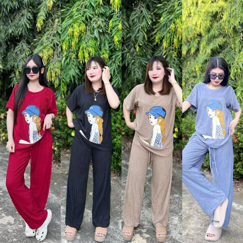 ชุดเซ็ต 2 ชิ้น แขนสั้น ขายาว S306 สกรีนลายการ์ตูนผู้หญิง มีกระเป๋าข้าง มีเชือกรูด ผ้าทอฟฟี่ ยืดเยอะ ใส่สบาย