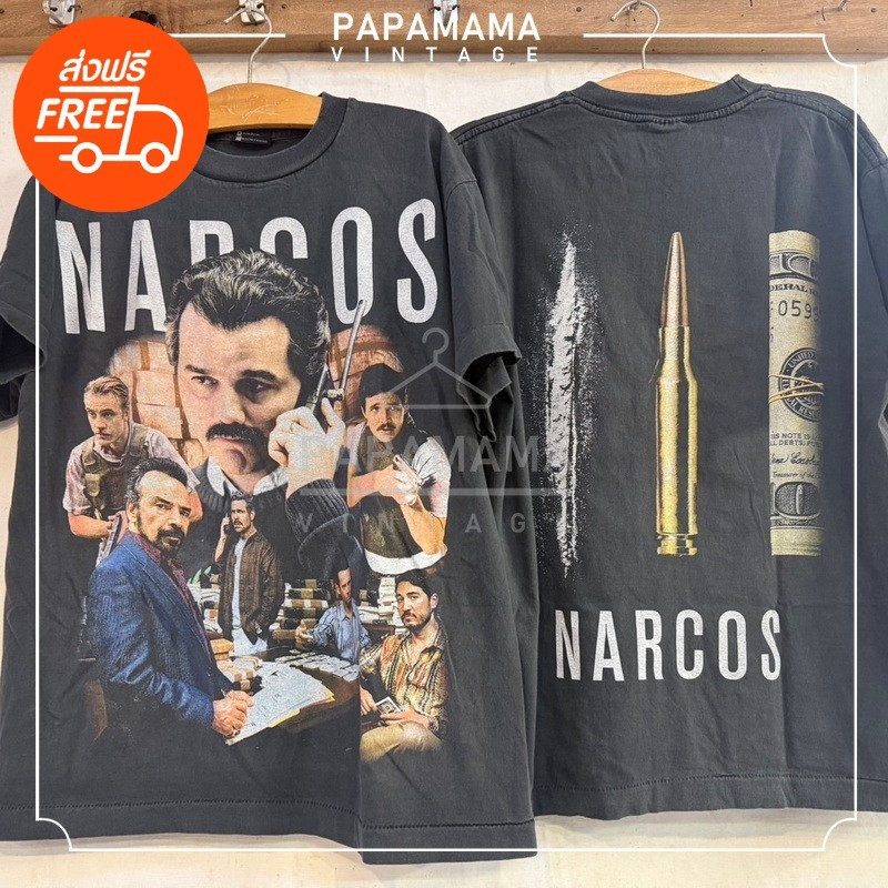[ NARCOS ] Pablo Escobar TV Series Tee Bio Washed tag bl  เสื้อวินเทจ เสื้อซีรี่ส์ papamama vintage shirt