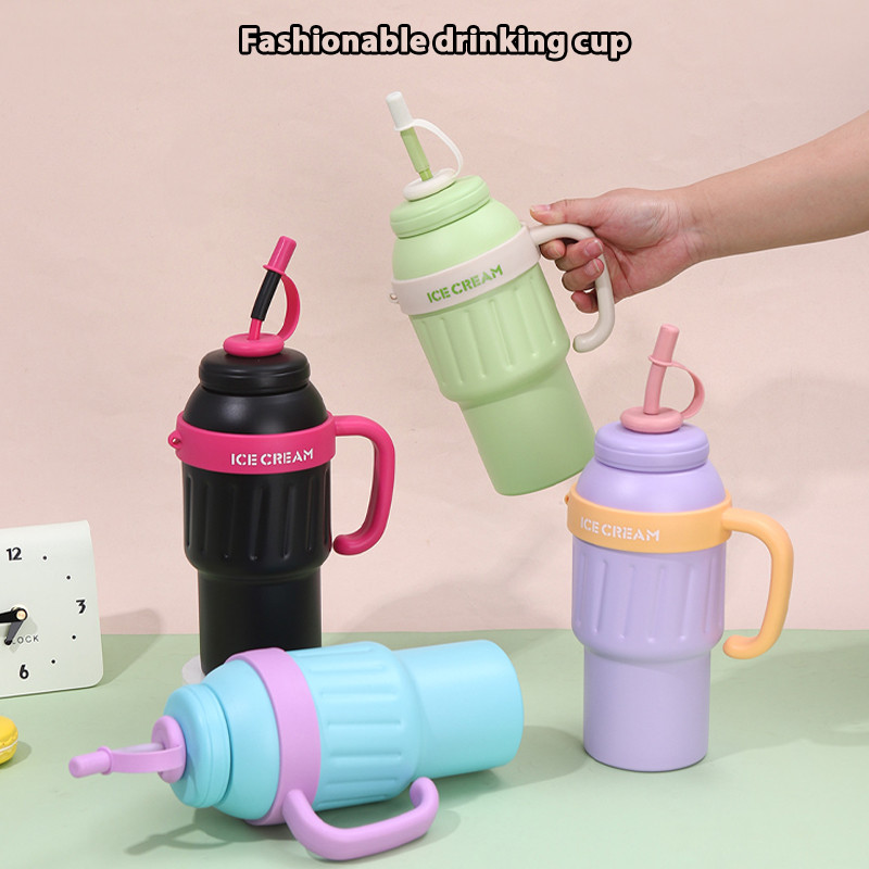 แก้วเก็บความเย็น สําหรับนักเรียนมัธยมปลาย 1000ml สแตนเลส ถ้วยน้ำแข็ง พร้อมหลอดซิลิโคน แฟชั่นฤดูร้อน T01294