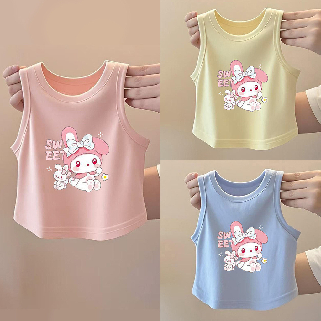 [เฮ้] 80-140สาวการ์ตูนพิมพ์เสื้อกั๊กฤดูร้อนสาวแฟชั่นด้านบนเด็กเสื้อยืดแขนกุดบาง