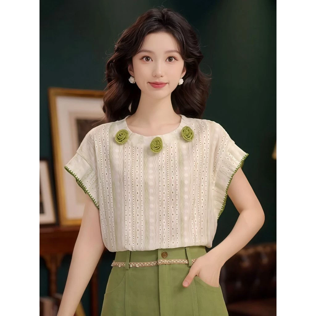 เสื้อแขนสั้นลายดอกไม้ สไตล์เกาหลี สำหรับสุภาพสตรี ไซส์ S-XL thumbnail 7