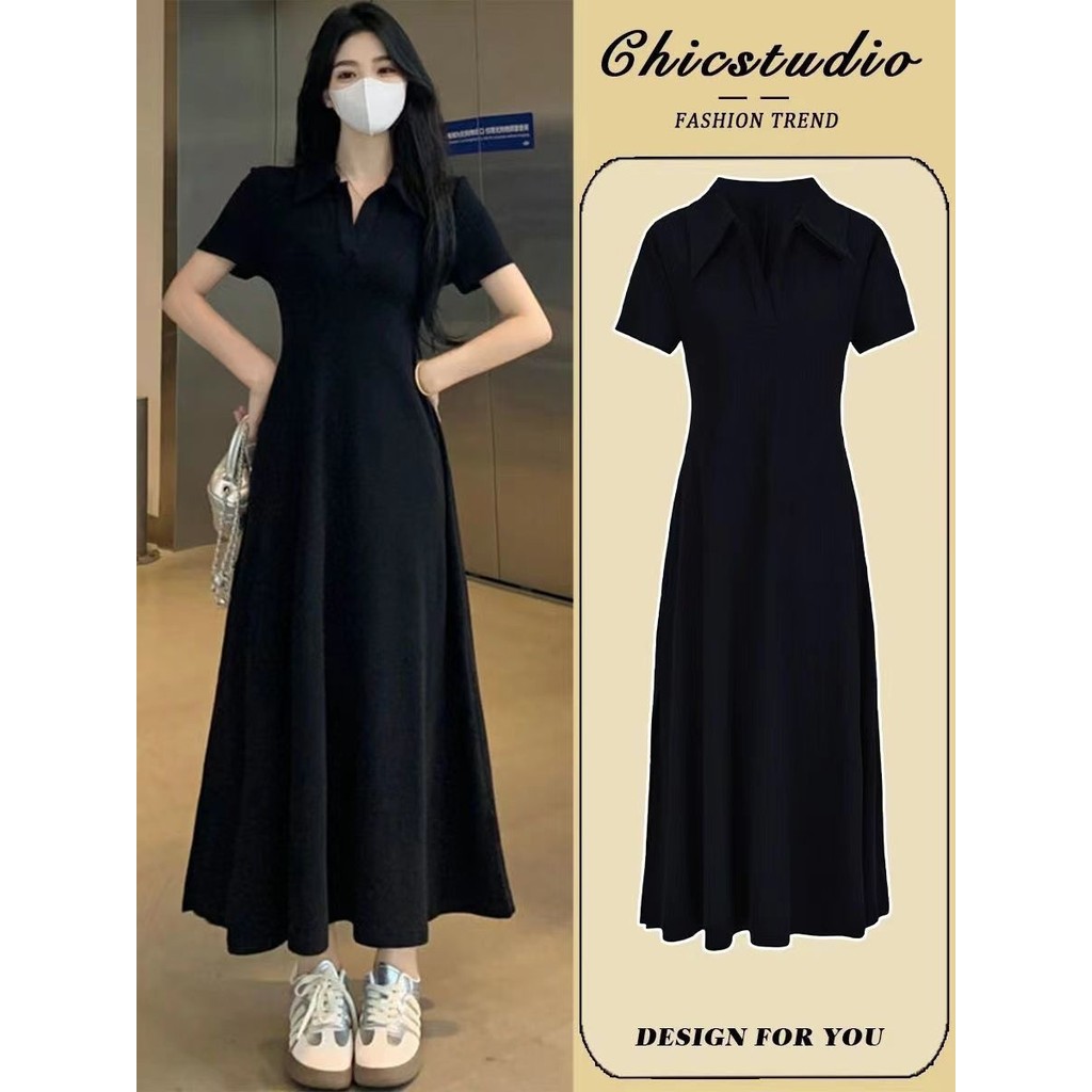 ชุดเดรสคอปกโปโลสีดำสำหรับผู้หญิง แบบ midi แขนสั้นทรงเข้ารูป