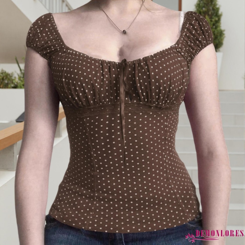 Demonlores-เสื้อยืดแขนสั้นผู้หญิง Dot พิมพ์ Tie-Up ด้านหน้าสบายๆฤดูร้อนแฟชั่น Slim Fit Tops