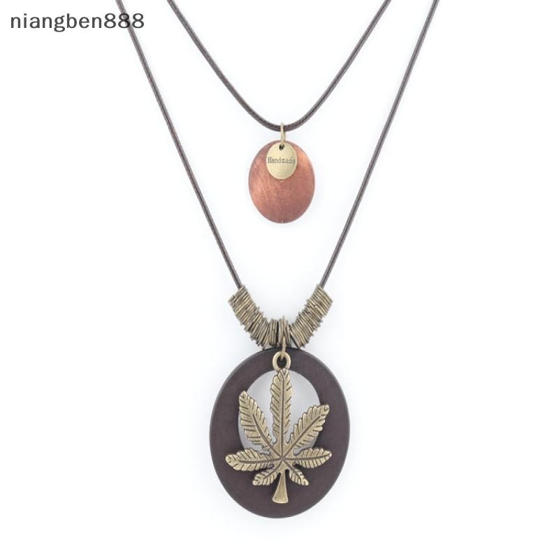 (niangben888) เครื่องประดับวินเทจชาติพันธุ์สองชั้นรอบไม้leใบจี้สร้อยคอยาวสําหรับผู้หญิงผู้ชายเสื้อกั