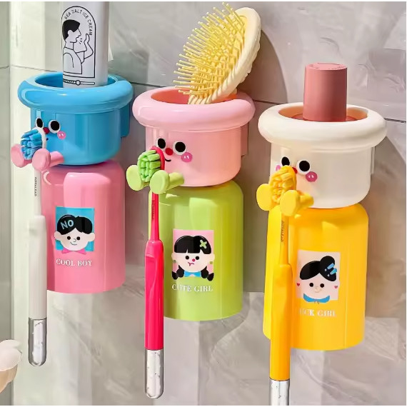 ชุดที่ใส่แปรงสีฟันติดผนัง สุดน่ารักพร้อมถ้วยบ้วนปาก ที่เสียบแปรงพร้อมแก้วการ์ตูน ไม่ต้องเจาะ #E034