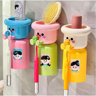ชุดที่ใส่แปรงสีฟันติดผนัง สุดน่ารักพร้อมถ้วยบ้วนปาก ที่เสียบแปรงพร้อมแก้วการ์ตูน ไม่ต้องเจาะ #E034