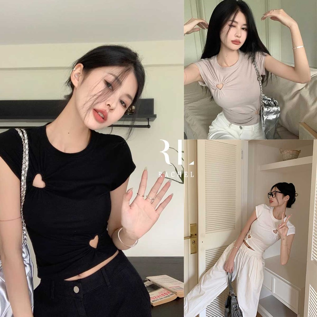 เสื้อยืดแขนสั้น เปิดเอว รูปหัวใจ ดีไซน์เล็ก