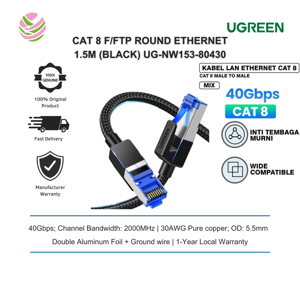 UGREEN CAT 8 F/FTP ROUND ETHERNET CABLE NYLON BRAID 1.5M (สีดํา) UG-NW153-8430