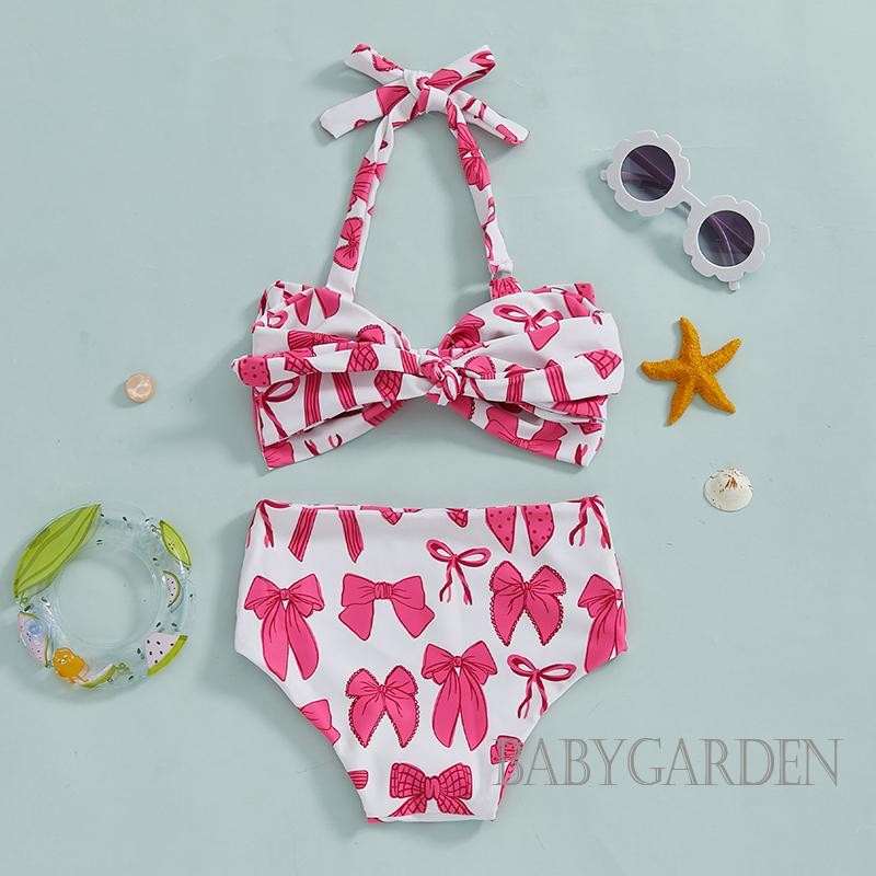 //-1-6ปี เด็กเด็กสาว2ชิ้นชุดว่ายน้ําฤดูร้อนโบว์พิมพ์ ชม. เปลี่ยนแปลง คอบิกินี่ท็อปส์และกางเกงขาสั้นยืดหยุ่นชุดว่ายน้ํา - รูปที่ 2