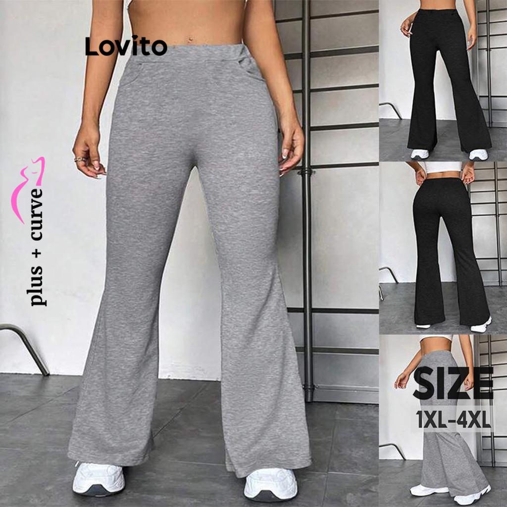 Lovito กางเกงขายาวสาวอวบ ผูกด้านหน้า สีพื้น สไตล์ลำลอง LNL65291