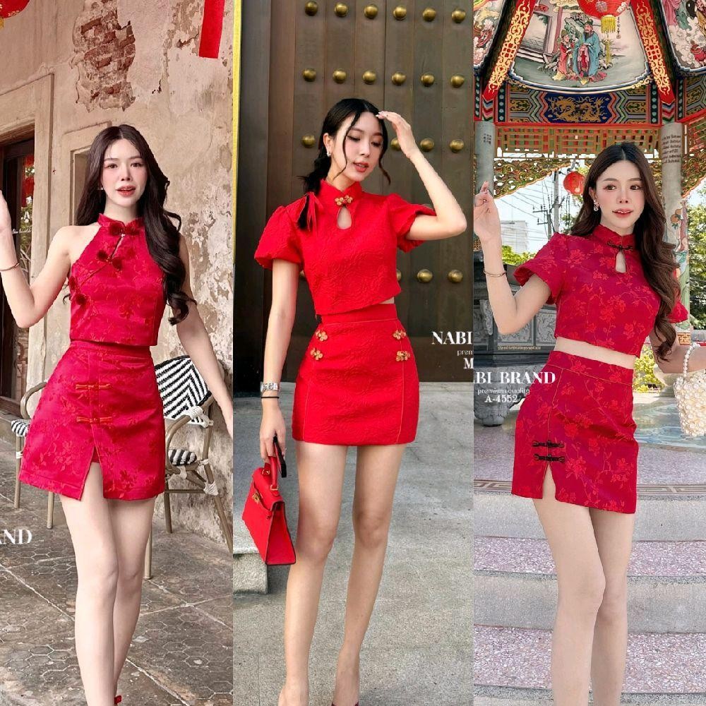 (พร้อมส่ง) 48 49 50 กี่เพ้าแฟชั่น กี่เพ้าลายดอกไม้สีแดง งานป้าย Nabi48 มายด์shop