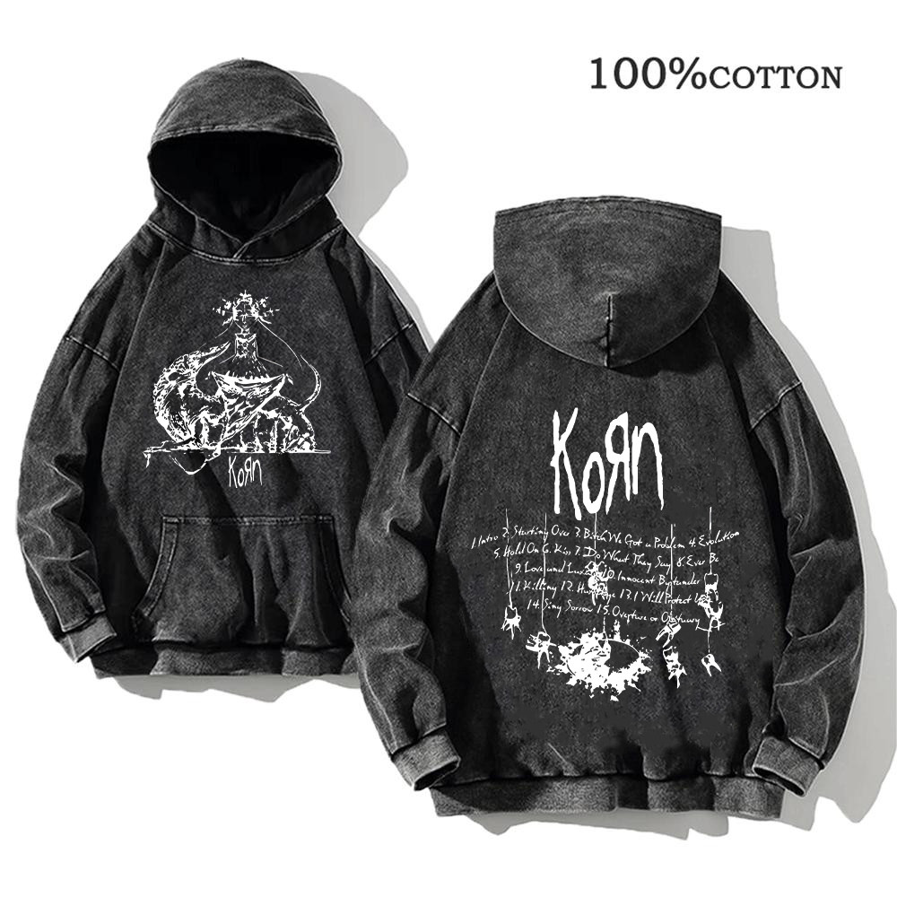 ปกติ new Korn เสื้อฮู้ดกันหนาวสำหรับผู้ชาย, เสื้อกันหนาวผ้าฝ้ายฮิปฮอปสตรีทแวร์เสื้อ Y2K ทรงหลวมเสื้อสวมคอมีฮู๊ด