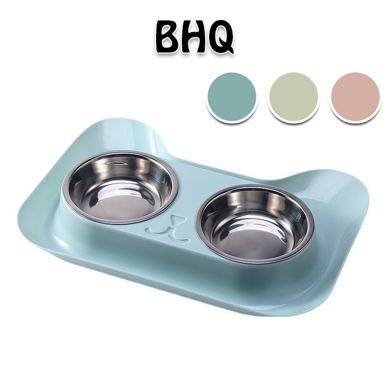BHQ 2in1 ชามอาหารสัตว์เลี้ยงกันมด สแตนเลสถอดล้างได้ 2 หลุม สําหรับหมาแมว