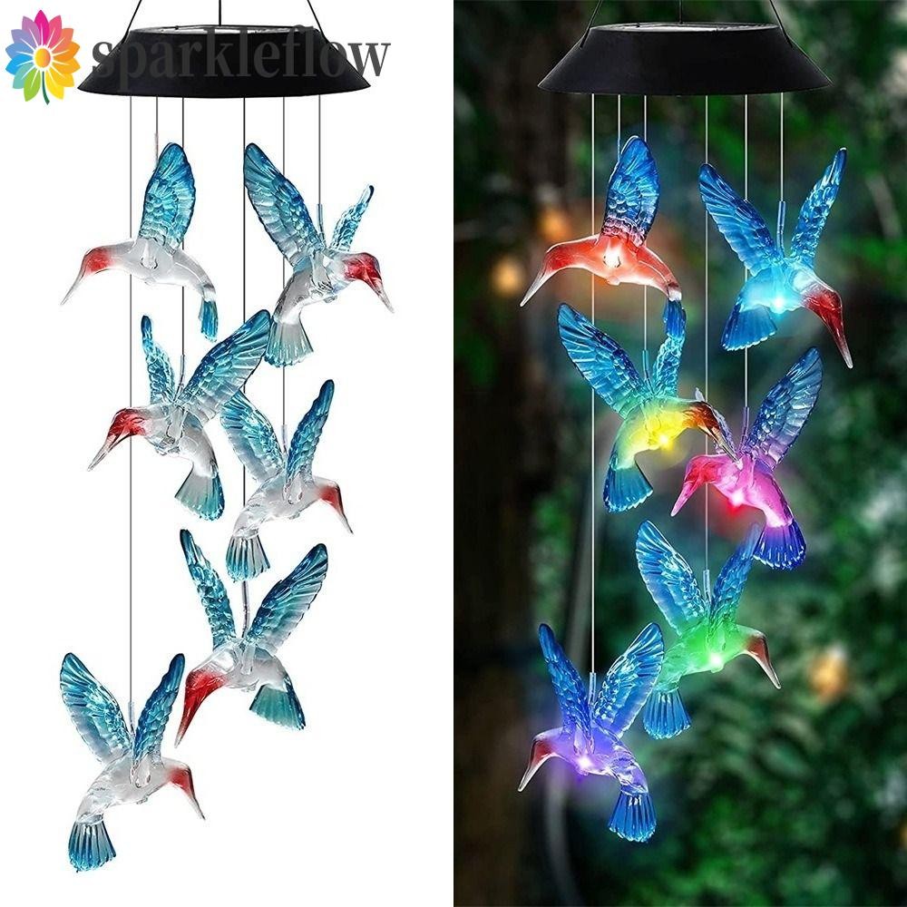 Sparkleflow พลังงานแสงอาทิตย์ Hummingbird Wind Chime, แขวนระเบียงเปลี่ยนสีกระดิ่งลมแขวนโคมไฟ, โคมไฟภูมิทัศน์กลางแจ้งกันน้ําทนทานพลาสติกไฟพลังงานแสงอาทิตย์ Courtyard