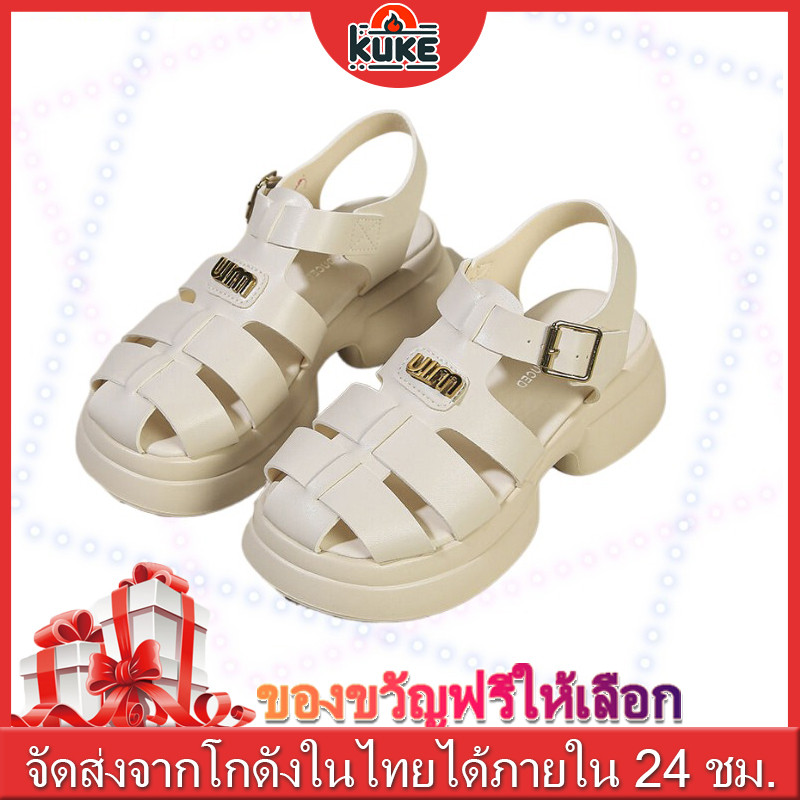 Kuke🎉รองเท้าแตะ แบบถัก พื้นหนา แต่งหัวเข็มขัด สไตล์โรมัน เหมาะกับเดินชายหาด สําหรับผู้หญิง