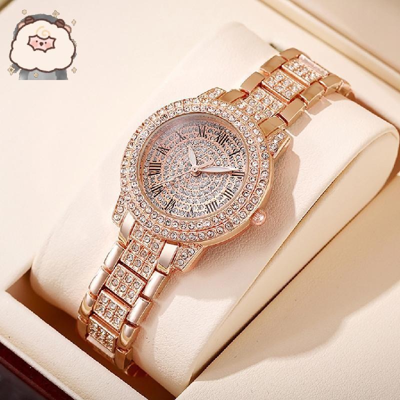 Stylish Rose Gold Roman Pattern Full Diamond Women S Watch