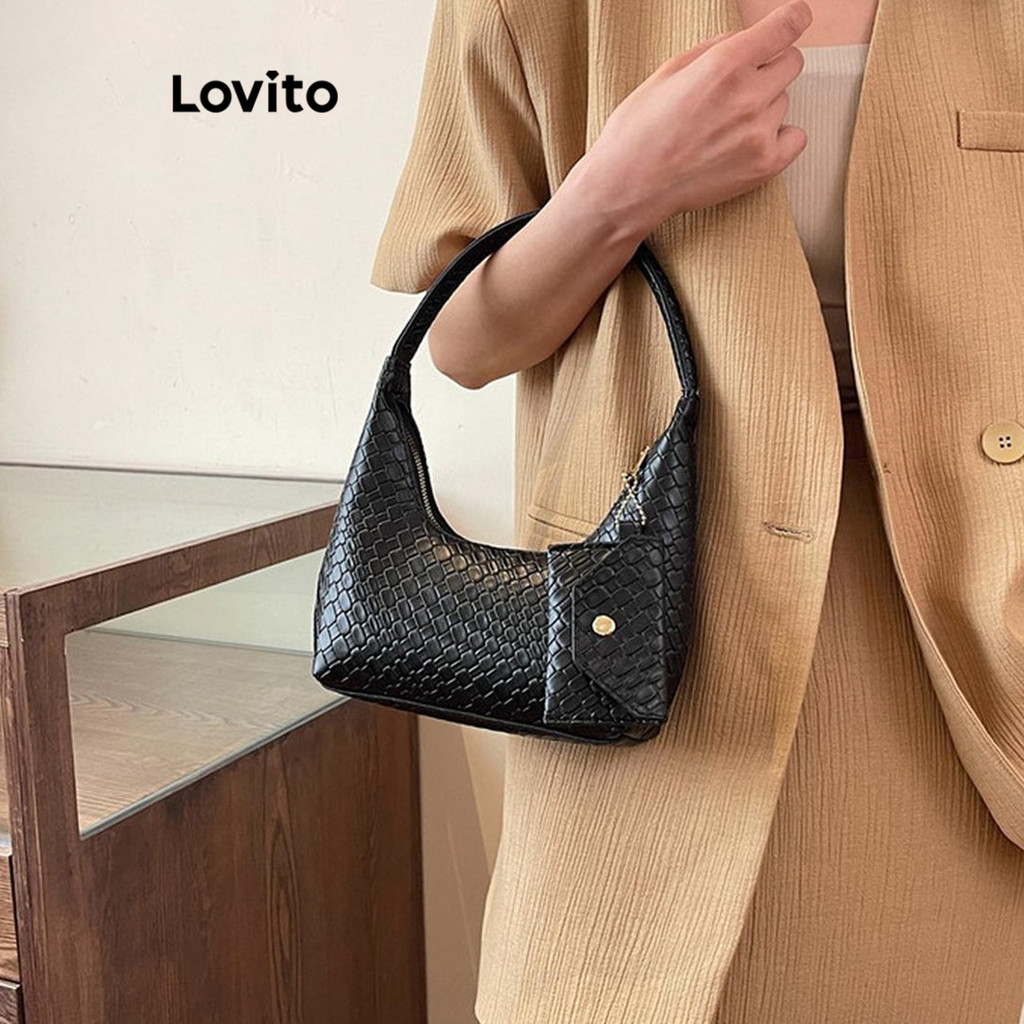 Lovito กระเป๋าสะพายไหล่ขนาดเล็กแบบมีซิปลาย ลายปักลำลองสำหรับผู้หญิง จุของได้เยอะ เหมาะสำหรับนักเรียน นักศึกษา พนักงาน LFA58035