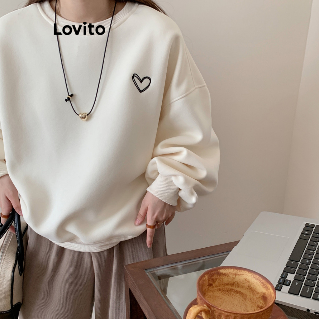 Lovito เสื้อกันหนาวผู้หญิง ปักลายรูปหัวใจ สไตล์ลำลอง LNA37080 (สีแอปริคอท)