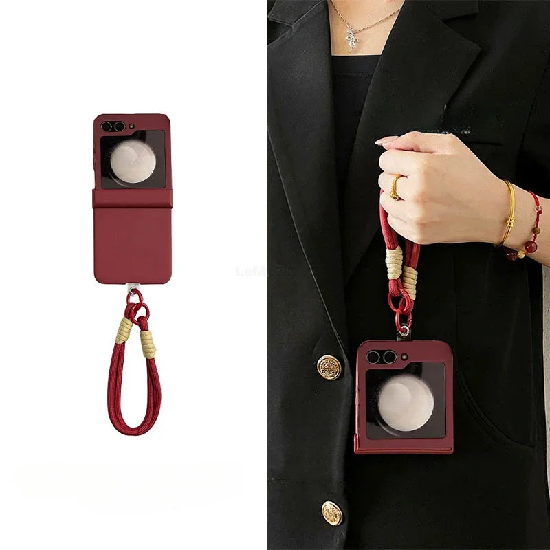 สีทึบไวน์แดงเคสโทรศัพท์พร้อมเชือกแบบพกพาสําหรับ Samsung Galaxy Z Flip7 Z Flip6 Z Flip5 Z Flip4 Z Flip3 ป้องกันปกหลัง