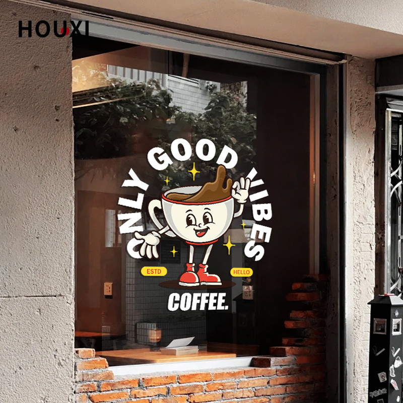 ร้านกาแฟสติกเกอร์ประตูกระจกการ์ตูนถ้วยกาแฟรูปแบบร้านชานมสติกเกอร์หน้าต่างตกแต่งสติกเกอร์สูญญากาศปลอดกาว