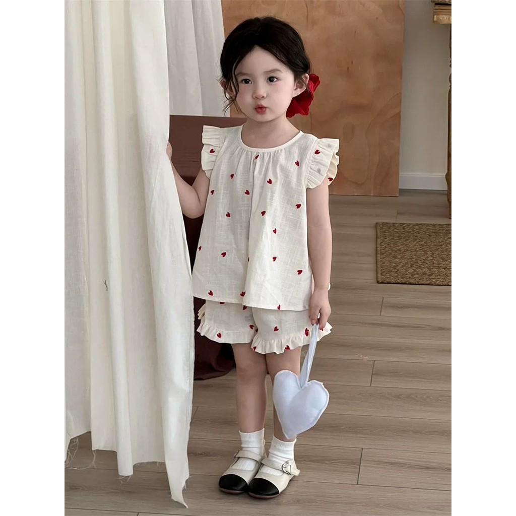 ฤดูร้อนเด็กหัวใจปักบินแขนทารกเสื้อสูทสาวเวอร์ชั่นเกาหลีเสื้อกั๊กด้านบน + กางเกงลูกไม้ชุดสองชิ้น - รูปที่ 6