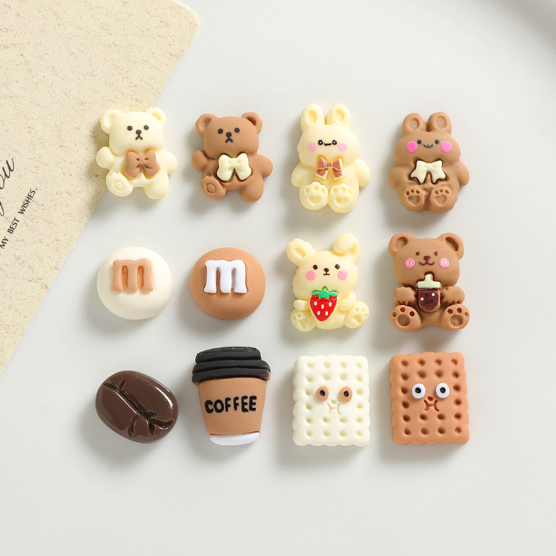 Mika นมชาสีกาแฟหมีเรซิ่น DIY กดเจท์ ตู้เย็นสติกเกอร์และอุปกรณ์ตกแต่งทรงผม 10 ชิ้น