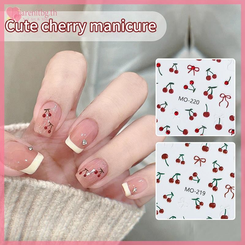 RENBG แฟชั่นสีแดง Cherry Rowknot 3D เล็บสติกเกอร์ Self-Adhesive เล็บตกแต่งสติกเกอร์ผู้หญิงเล็บ DIY Decals ตกแต่ง TH