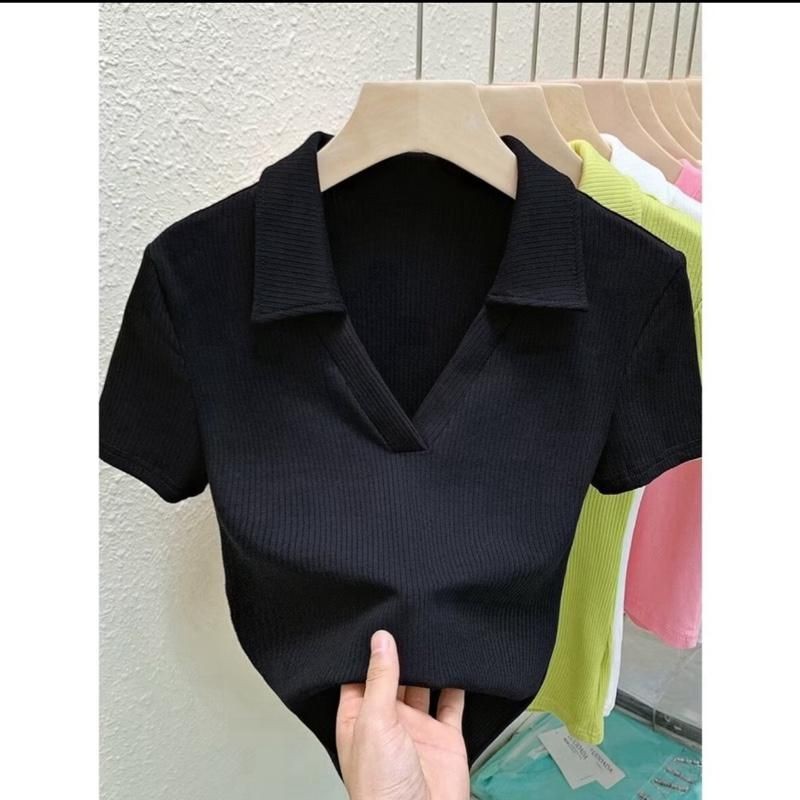 A88 เสื้อยืดผู้หญิงแขนสั้นโครเชต์ Turn-down Collar เสื้อโปโลหลากสี ไซส์ต่ํากว่า 53kg รหัส a88