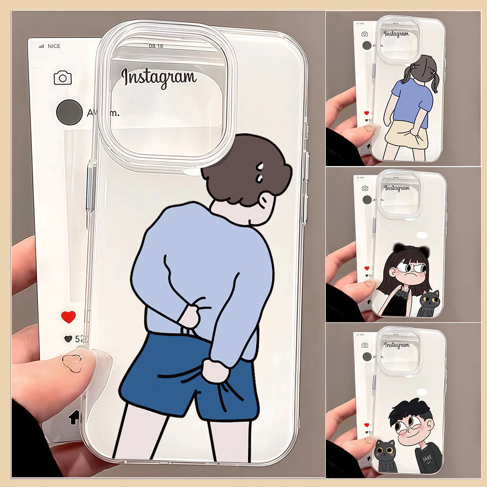 เคสมือถือ For iPhone 11 15 16 14 13 12 Pro Max X XS XR 13 12 Pro 15 16 Plus Case ลายคู่น่ารัก ครีม IMD แบบนิ่ม TPU เคส