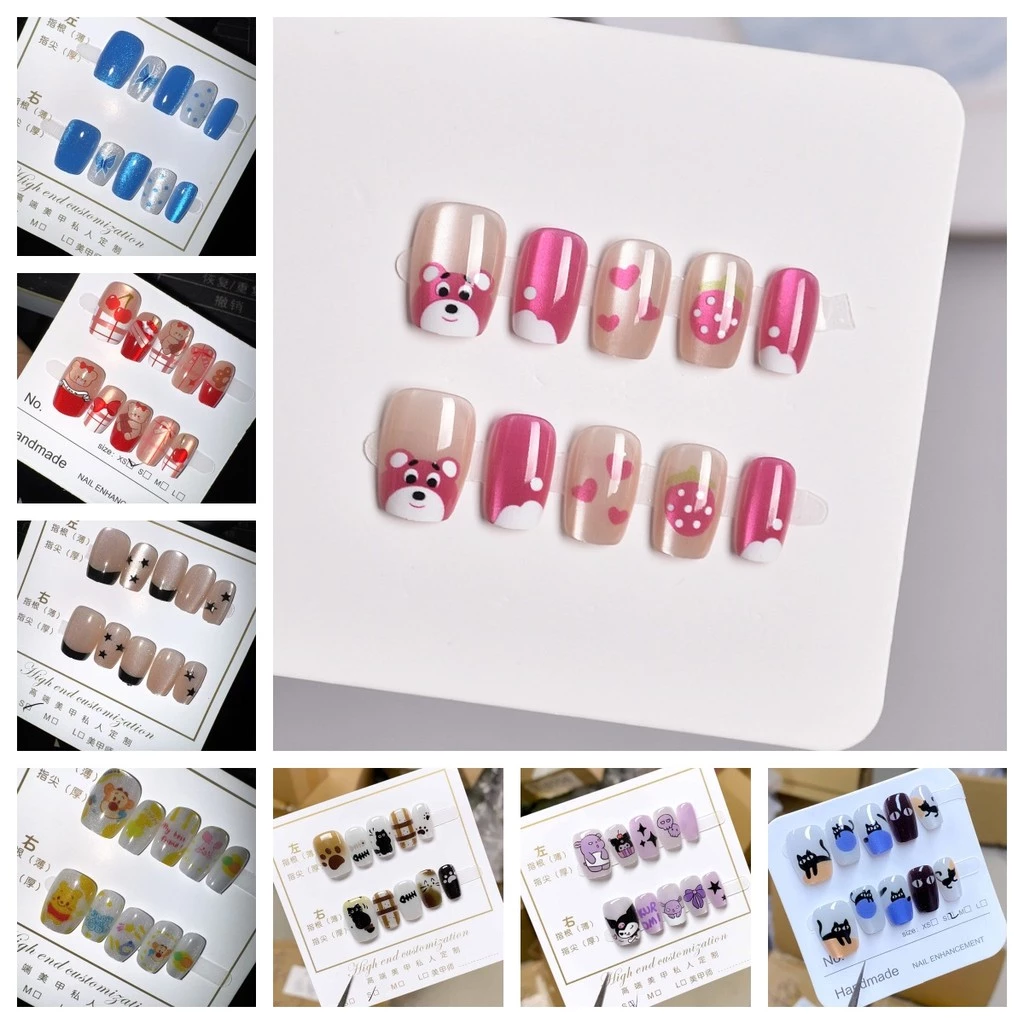 Handmade เล็บปลอมสั้น 10 ชิ้นพร้อมการออกแบบตาแมว, สีทึบและเรียบง่ายเล็บปลอมพร้อมเจลเยลลี่