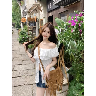 Dahong เสื้อเบลาส์ผู้หญิง มีกระดุม แต่งระบาย เสื้อลูกไม้แฟชั่นแขนยาวไหล่เดียว สีพื้น สไตล์หรูหรา w550