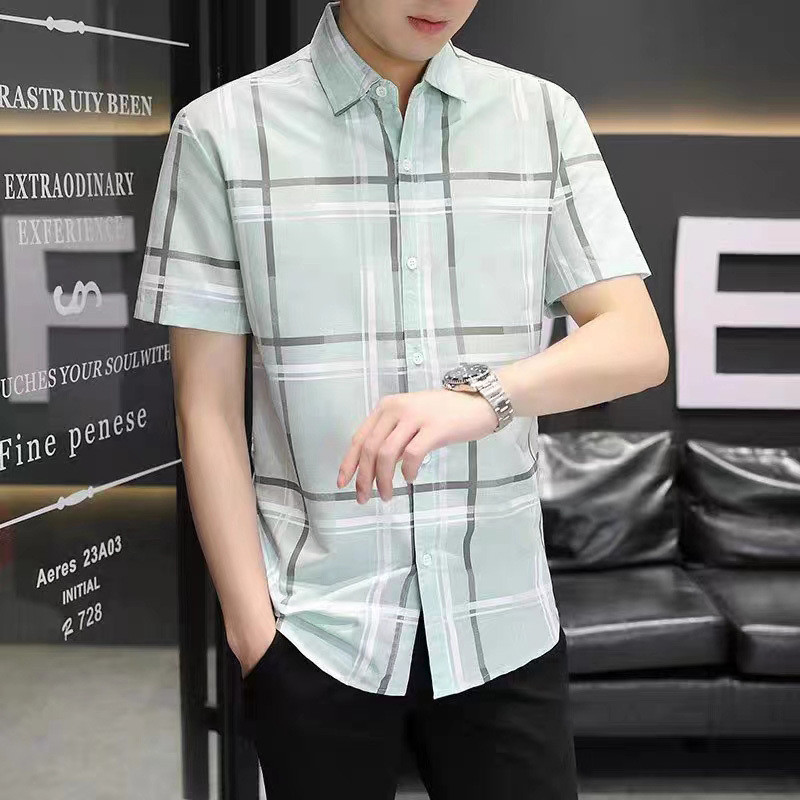 Pannofluxus เสื้อเชิ้ตแขนสั้นผู้ชายแฟชั่นสไตล์เกาหลีออกแบบเสื้อเชิ้ตลายสก๊อตคอปกพับ