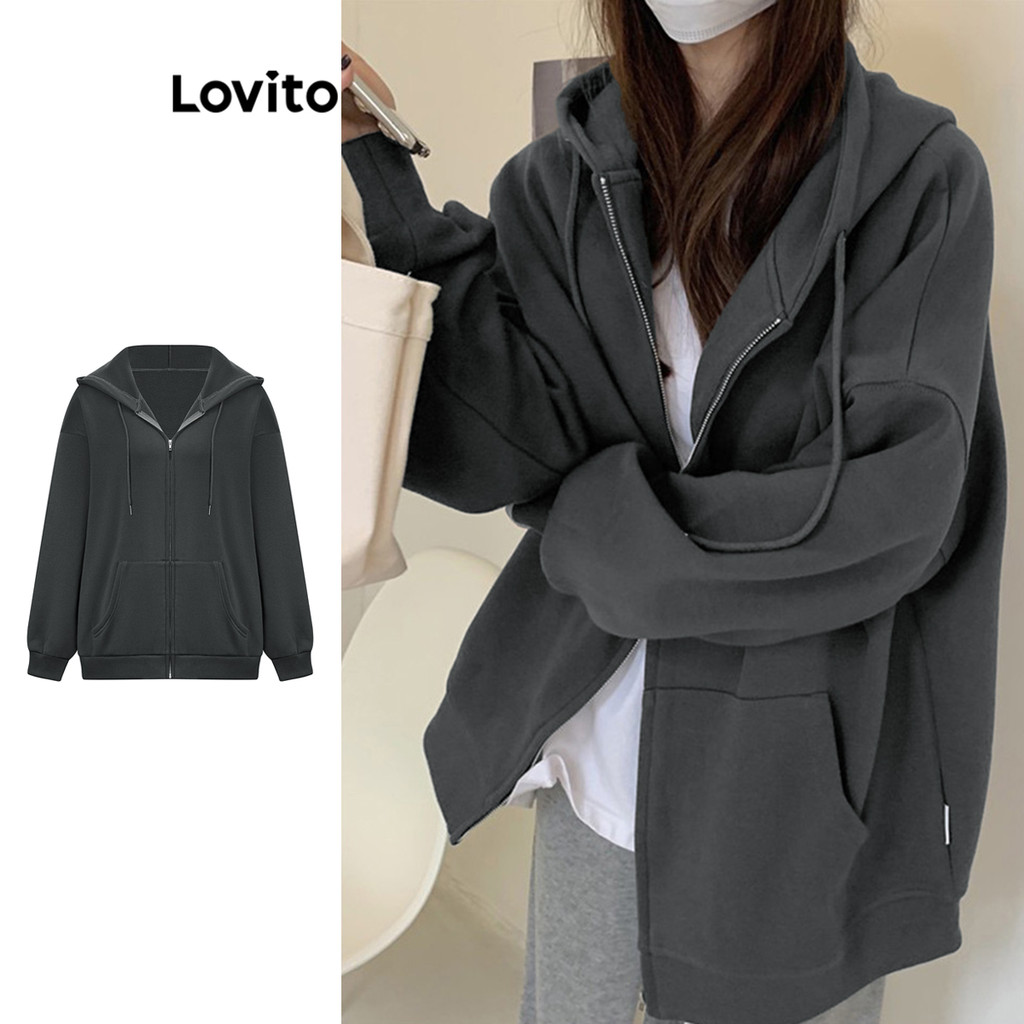 Lovito เสื้อแจ็คเก็ตลายทางด้านข้างสีพื้นลำลองสำหรับผู้หญิง L110AD507