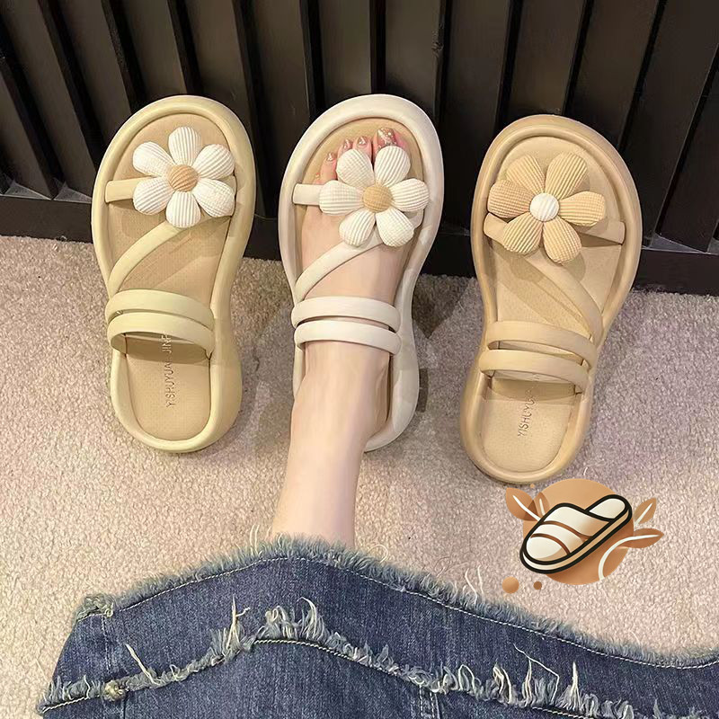 รองเท้าแตะผู้หญิงแฟชั่นลายดอกทานตะวัน สไตล์เจ้าหญิง ใส่สบาย ใส่ไปเที่ยวชายหาดหรือเดินเล่น พื้นหนาสไตล์ลำลองสุดเก๋