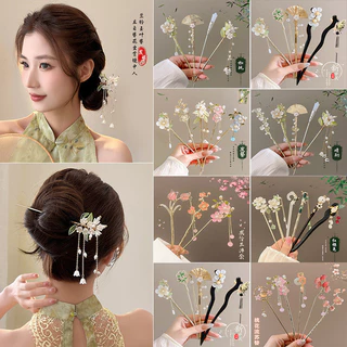 กิ๊บติดผมพู่สีแดงสไตล์จีนผ้าโพกศีรษะไม้สไตล์จีนใหม่