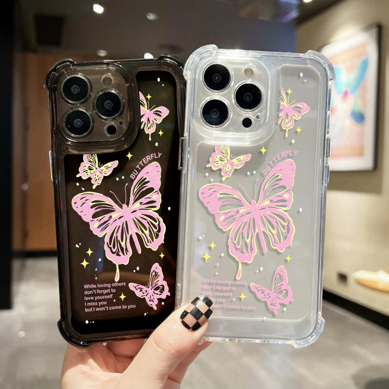 นิ่มกันกระแทกเคสโทรศัพท์ เคสสำหรับเคส ผีเสื้อสีชมพู for iphone11 เคสไอโฟน 13 14 15 12XR7 8 6Plus X XS 15Pro MAX