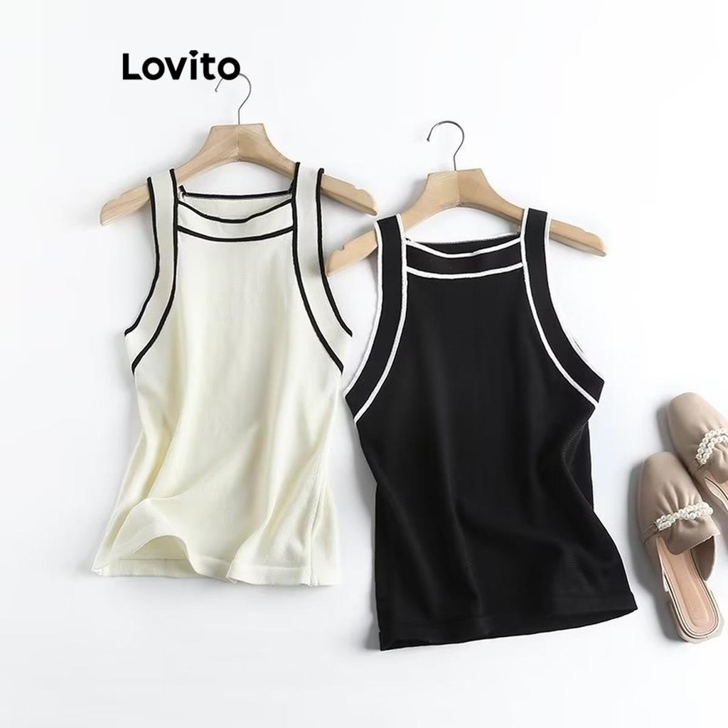 Lovito เสื้อกล้ามผู้หญิง แต่งขอบสีตัดกัน สีพื้น สไตล์หรูหรา LNL50202