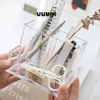 UUMIR ชั้นวางปากกาอะคริลิกใส ชั้นวางเครื่องเขียน ความจุขนาดใหญ่ ชั้นวางสำนักงานทรงสี่เหลี่ยม 3 ช่อง