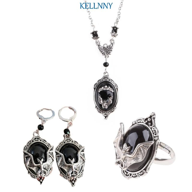 Kellnny ชุดเครื่องประดับค้างคาว Gothic สําหรับแวมไพร์ค้างคาวแหวนสําหรับผู้ชายและผู้หญิงเงินค้างคาว E