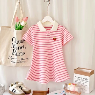 เดรส โปโล คอเสื้อ แขนสั้น ลายทาง เด็กสาว ฤดูร้อน ชุดเด็กผู้หญิง 2ขวบ 3ขวบ 4ขวบ 5ขวบ 6ขวบ 100-140เซ็น