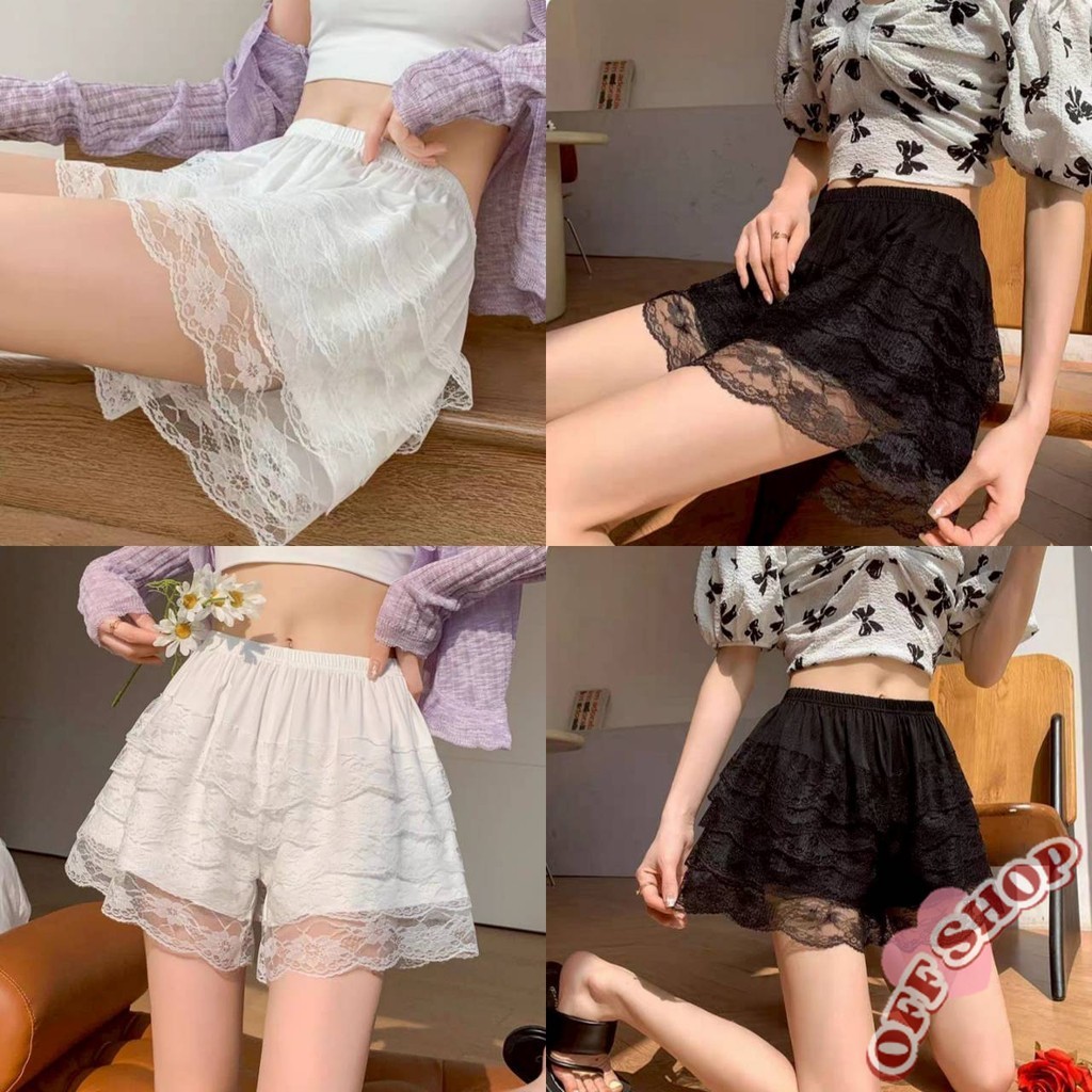 OFF SHOP ใหม่ 2025 เซ็กซี่ กางเกงขาสั้น เอวสม็อค แต่งบายลูกไม้สีขาวดำ ทรงปล่อย ' KK680