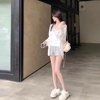 เสื้อคลุมเชิ้ตสีขาว กันแดด หลวม ดีไซน์เกาหลี