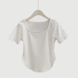เสื้อแขนสั้นผู้หญิงคอเหลี่ยมลึก ผ้านุ่มดีสำหรับยืดตามตัว