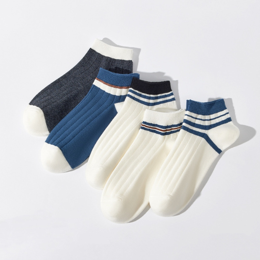 SY SHOP899 ถุงเท้าผู้ชายข้อสั้น ถุงเท้าแฟชั่นเกาหลี (5ลาย/10คู่) เนื้อผ้านุ่มงานถักอย่างดี ใส่สบาย NO.B140/ขีดน้ำเงิน - รูปที่ 3